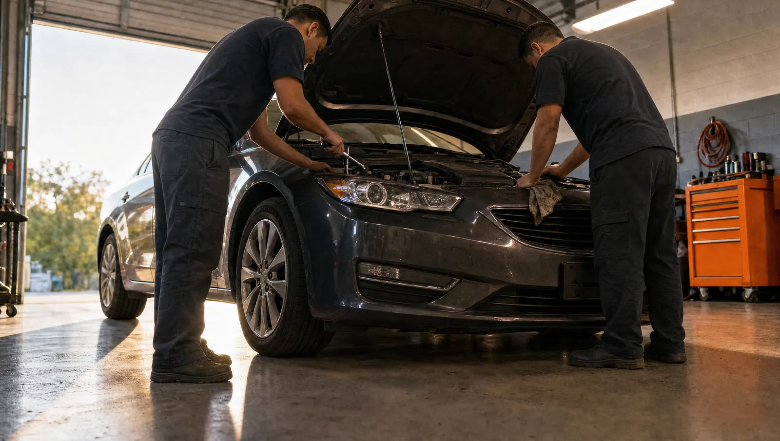 Dos mecánicos trabajando sobre el motor destapado de un carro en la bahía de un taller, vistos desde abajo, a contraluz del portón abierto.